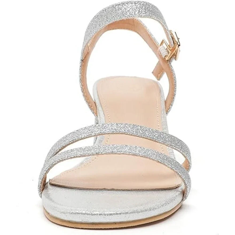 Dadawen Womens Size 9 Silver Glitter Open Toe Ankle Strap 2.5